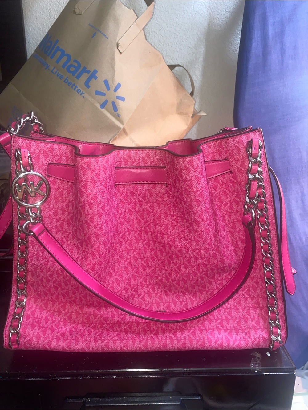 Michael Kors Hot Pink MK Logo Chain-Accent Tote - Picture 1 of 6